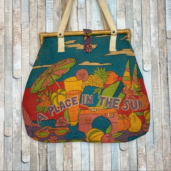Vintage 70s 80s Bright Colorful Summer Vacation Bag Purse Tote Jute Statement - Picture 3 of 8